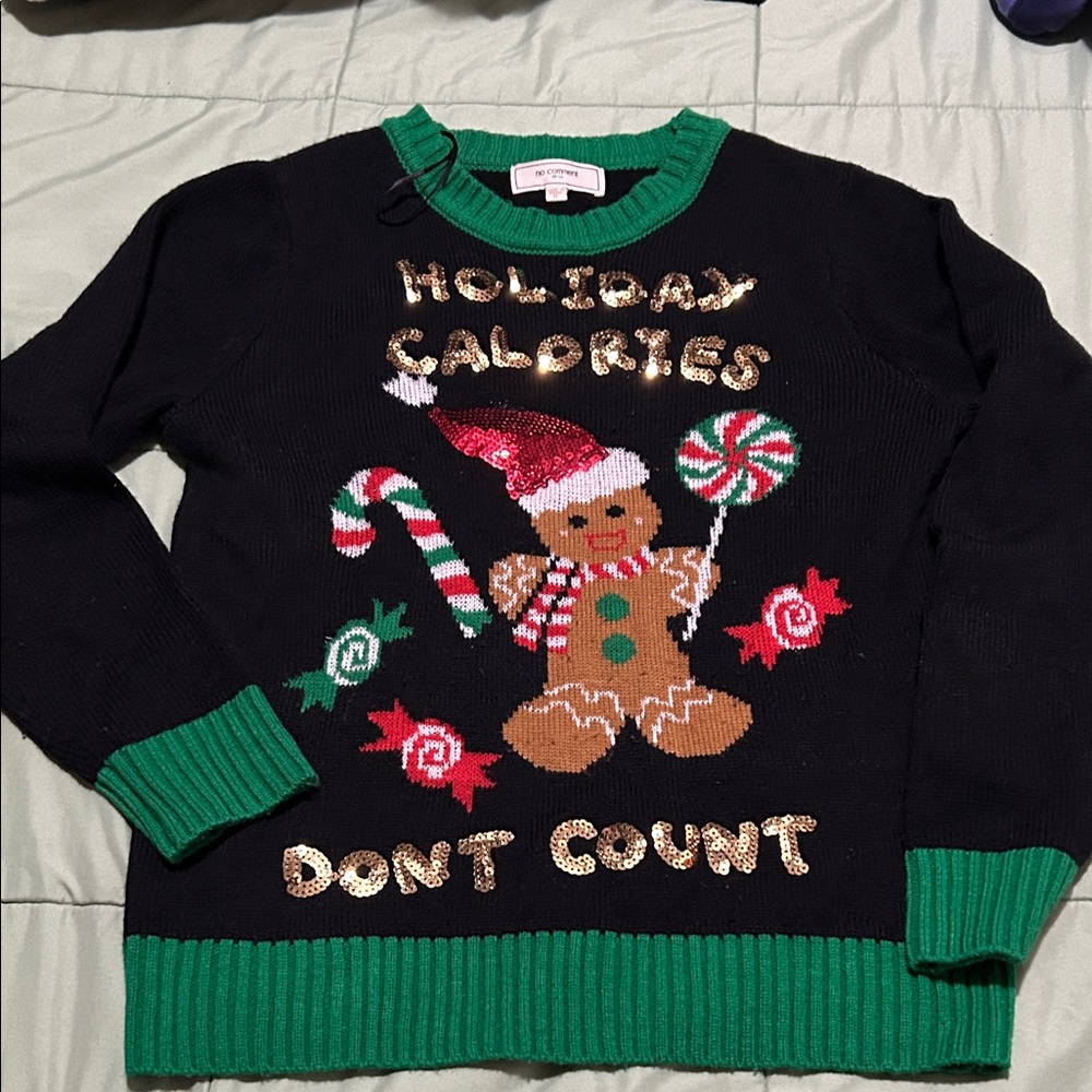 Festive Black Holiday Sweater with Gingerbread Design women medium